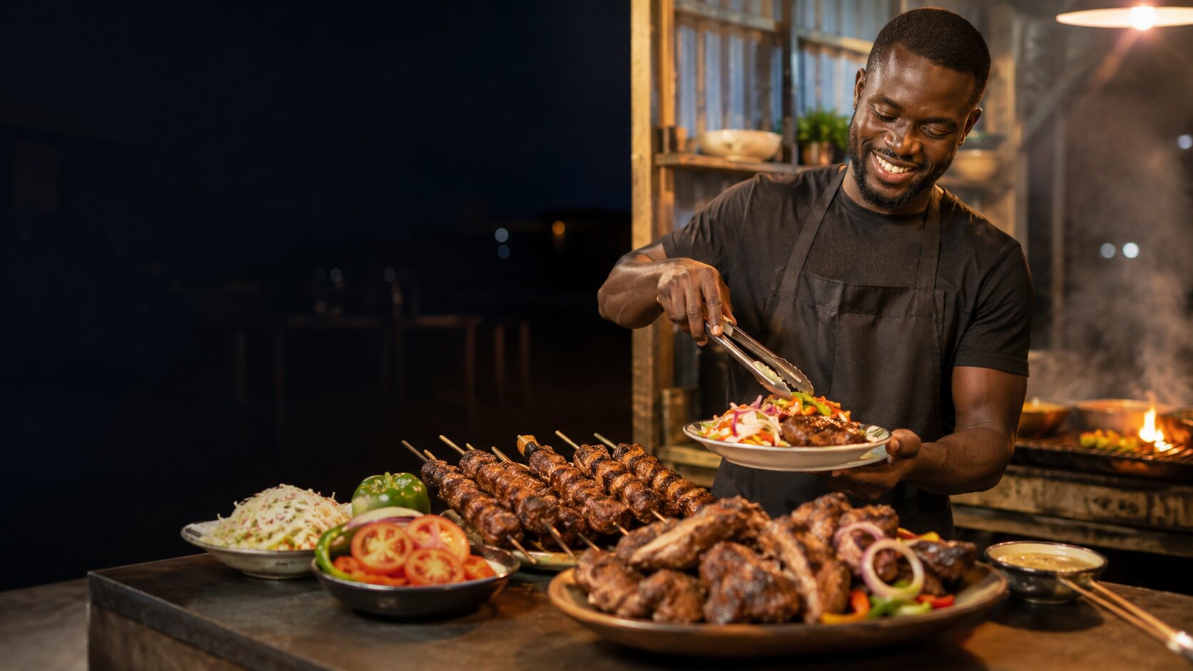 Food vendor serving cooked goat meat